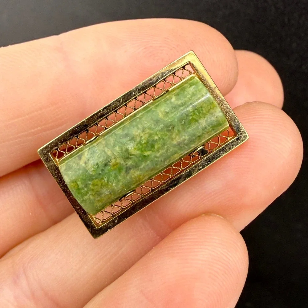 Vintage Lamode Karayclad Cufflinks Tie Tack Set Green Stone Gold Tone READ